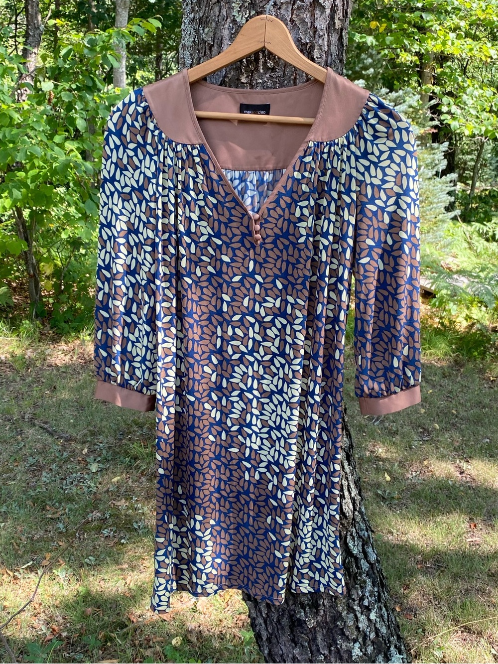 Max and Cleo Printed Leaf-Pattern Women’s Retro Tunic Dress - Brown & Navy
